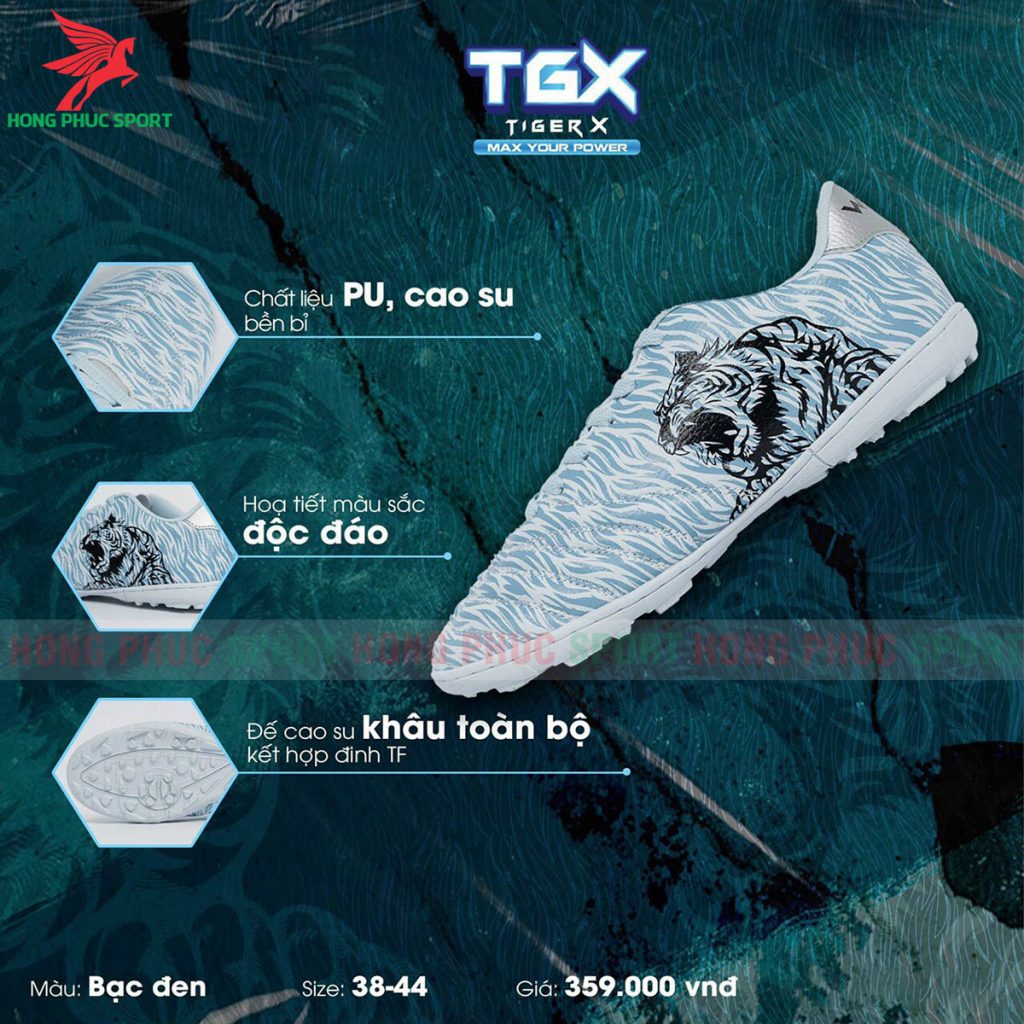 Giày Đá Bóng Sân Cỏ Nhân Tạo Wika Tiger X Bạc Đen